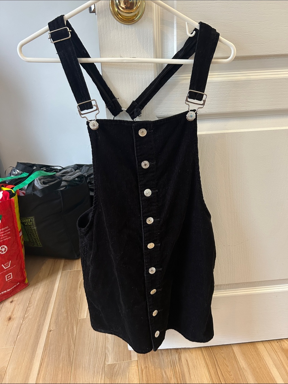 Black Corduroy Button-Front Pinafore Dress